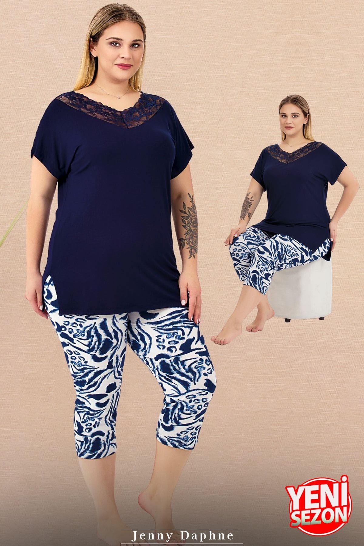 Dantel Yaka Büyük Beden Çiçek Desenli Kısa Kollu Kapri Pijama Takımı Lady 10734