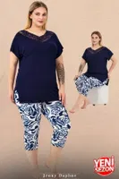Dantel Yaka Büyük Beden Çiçek Desenli Kısa Kollu Kapri Pijama Takımı Lady 10734 Lacivert