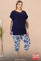 Dantel Yaka Büyük Beden Çiçek Desenli Kısa Kollu Kapri Pijama Takımı Lady 10734 Lacivert farklı açı
