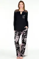 Dantel Yaka Gül Desenli Viskon Uzun Kollu Pijama Takımı Lady 11668 Siyah