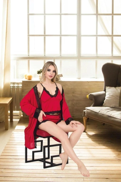 Dantelli 3Lü Şortlu Sabahlık Takım Kırmızı İzabel8006