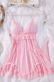 Merry See Dantelli Askılı Yumuşacık Tanga ve Gecelik Takım Pembe Merry See MS2380 