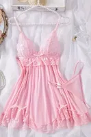 Dantelli Askılı Yumuşacık Tanga ve Gecelik Takım Pembe Merry See MS2380  Pembe