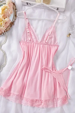 Merry See Dantelli Askılı Yumuşacık Tanga ve Gecelik Takım Pembe Merry See MS2380  - Alternatif Görünüm