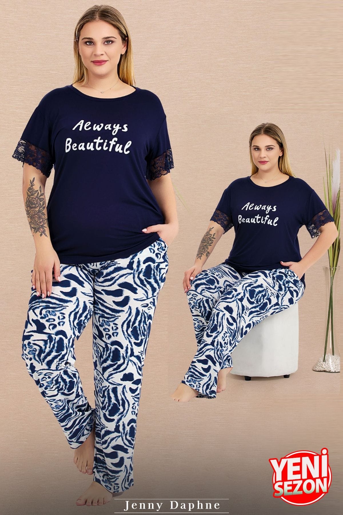Dantelli Büyük Beden Çiçek Desenli Cepli Kısa Kollu Pijama Takımı Lady 11024