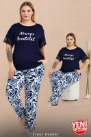 Dantelli Büyük Beden Çiçek Desenli Cepli Kısa Kollu Pijama Takımı Lady 11024 Lacivert