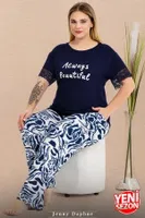Dantelli Büyük Beden Çiçek Desenli Cepli Kısa Kollu Pijama Takımı Lady 11024 Lacivert detay görünüm