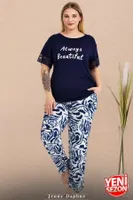 Dantelli Büyük Beden Çiçek Desenli Cepli Kısa Kollu Pijama Takımı Lady 11024 Lacivert farklı açı