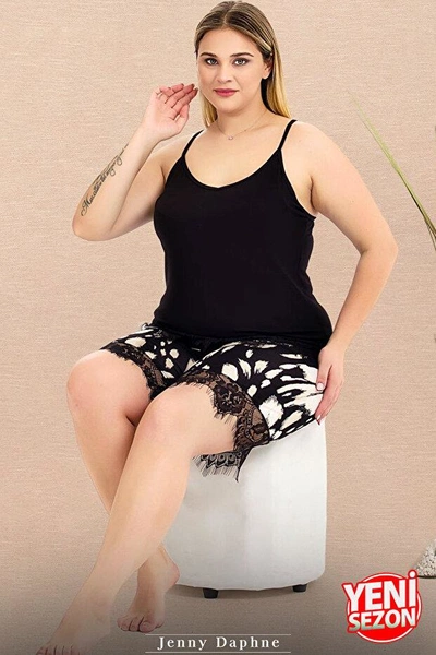 Dantelli Desenli İnce Askılı Büyük Beden Şortlu Pijama Takımı Lady 10425