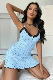 Ruselin Dantelli Kalpli İnce Askılı Mavi Kısa Gecelik Ruselin 5068