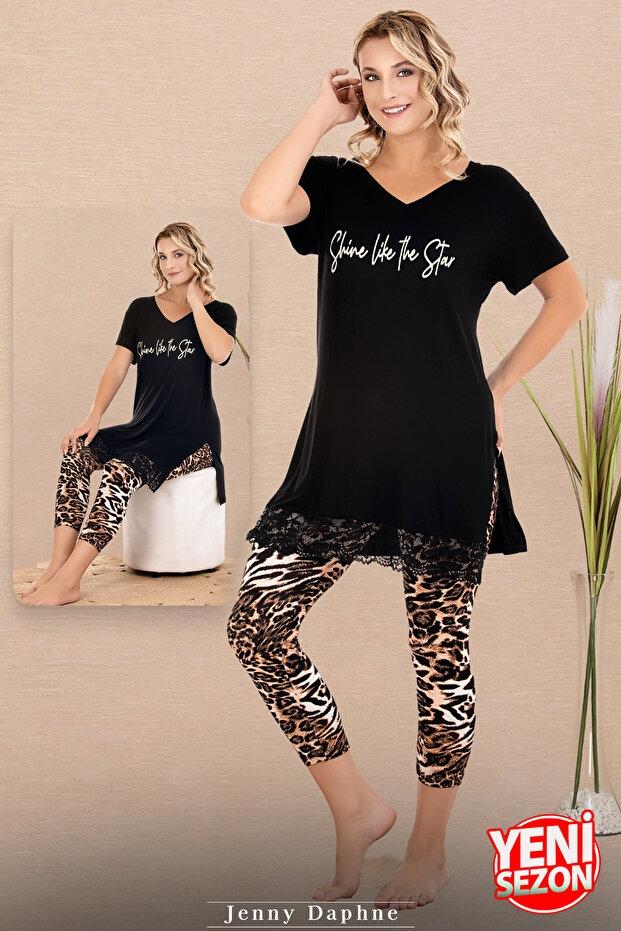Dantelli Leopar Desenli V Yaka Kısa Kollu Kapri Kadın Pijama Takımı Lady 12079