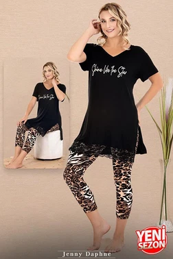 Lady Dantelli Leopar Desenli V Yaka Kısa Kollu Kapri Kadın Pijama Takımı Lady 12079