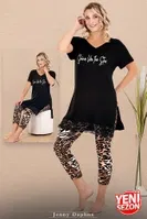 Dantelli Leopar Desenli V Yaka Kısa Kollu Kapri Kadın Pijama Takımı Lady 12079 Siyah