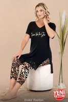 Dantelli Leopar Desenli V Yaka Kısa Kollu Kapri Kadın Pijama Takımı Lady 12079 Siyah farklı açı