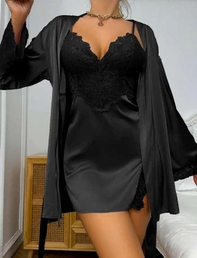 Real Passione Dantelli Sabahlıklı Siyah Kadın Saten Gecelik Takım Real Passione 3053