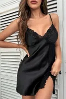 Dantelli Şık Yırtmaçlı Saten Gecelik Merry See MS 2374 Siyah Siyah farklı açı