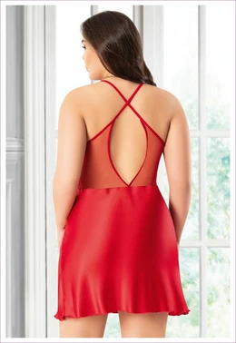 Miss Laris Dantelli Transparan Parçalı Sırtı Çapraz Askılı Büyük Beden Saten Gecelik Miss Laris 4042 - Alternatif Görünüm