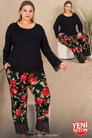 Dantelli Uzun Kollu Büyük Beden Gül Desenli Pijama Takımı Lady 11422 Siyah