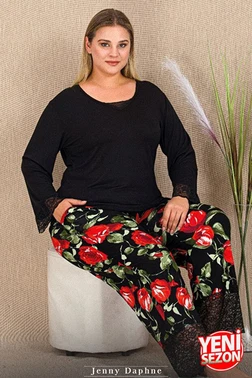 Lady Dantelli Uzun Kollu Büyük Beden Gül Desenli Pijama Takımı Lady 11422 - Alternatif Görünüm