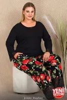 Dantelli Uzun Kollu Büyük Beden Gül Desenli Pijama Takımı Lady 11422 Siyah detay görünüm