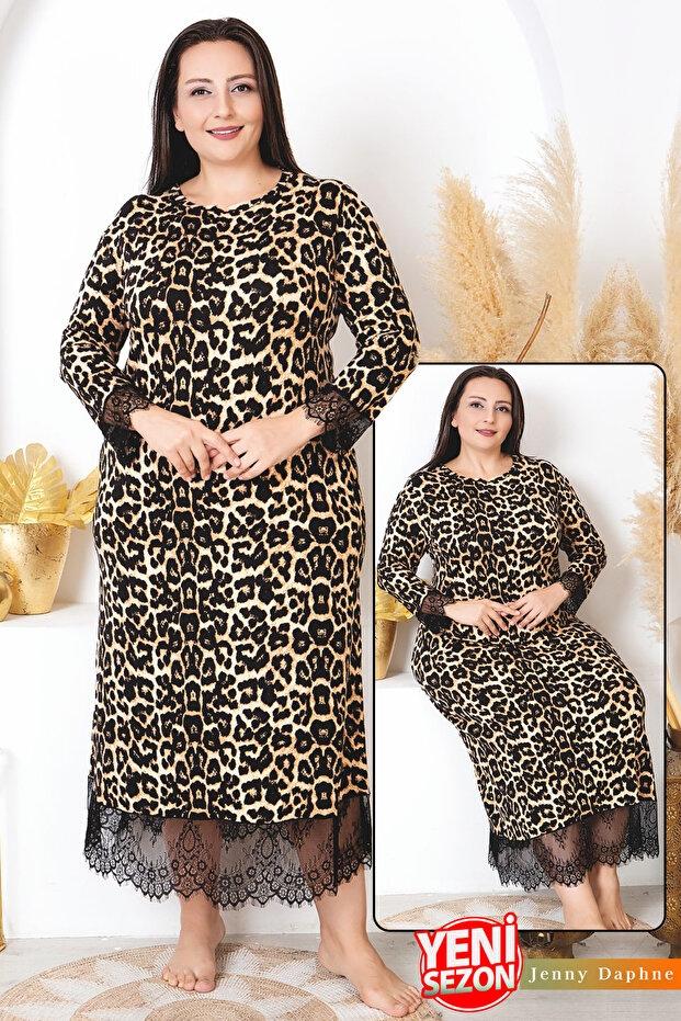 Dantelli Uzun Kollu Leopar Desenli Büyük Beden Elbise Gecelik Lady 7284