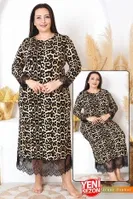 Dantelli Uzun Kollu Leopar Desenli Büyük Beden Elbise Gecelik Lady 7284 Siyah