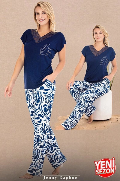 Dantelli V Yaka Kısa kollu Desenli Pijama Takımı Lady 12672