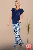 Dantelli V Yaka Kısa kollu Desenli Pijama Takımı Lady 12672 Lacivert detay görünüm