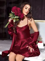 Degaje Yaka Saten Sırtı Çapraz Bağlamalı Gecelik Sabahlık Takım Pink Night 1501 Bordo farklı açı