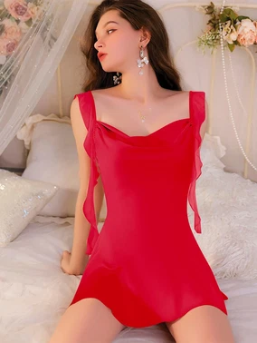 Pink Night Dekolteli Kırmızı Askı Detaylı Erotik Gecelik Pink Night 3835