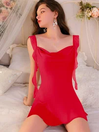 Pink Night Dekolteli Kırmızı Askı Detaylı Erotik Gecelik Pink Night 3835