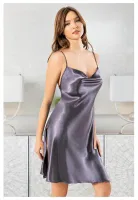 Derin Yırtmaçlı Degaje Yaka Askılı Saten Gecelik Miss Laris 2138 Gri