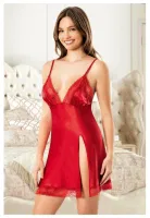 Derin Yırtmaçlı İnce Askılı Kısa Saten Gecelik Miss Laris 2129 Kırmızı