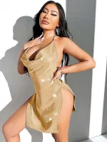 Derin Yırtmaçlı Gold Seksi Kulüp Midi Elbise Pink Night 1162 Altın