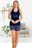 Desenli Kalın Askılı Şortlu Kadın Pijama Takımı Lady 7715  Lacivert