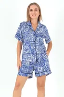 Desenli Kısa Kollu Kadın Şortlu Pijama Takım DoReMi 002-000096 Mavi