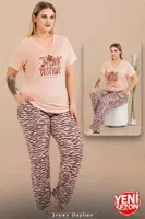 Desenli V Yaka Kısa Kollu Büyük Beden Pijama Takımı Lady 11003 Somon