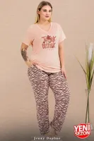 Desenli V Yaka Kısa Kollu Büyük Beden Pijama Takımı Lady 11003 Somon detay görünüm
