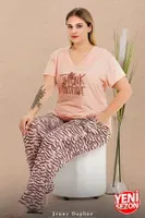 Desenli V Yaka Kısa Kollu Büyük Beden Pijama Takımı Lady 11003 Somon farklı açı