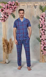 Doreanse Doreanse Erkek Mavi Kırmızı Ekose Desenli Gömlek T-Shirt Pijama Takımı 25Y4579