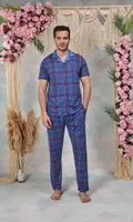 Doreanse Erkek Mavi Kırmızı Ekose Desenli Gömlek T-Shirt Pijama Takımı 25Y4579