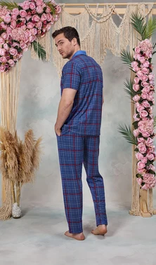 Doreanse Doreanse Erkek Mavi Kırmızı Ekose Desenli Gömlek T-Shirt Pijama Takımı 25Y4579 - Alternatif Görünüm