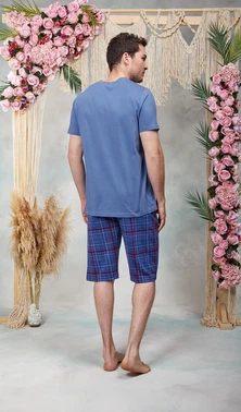 Doreanse Doreanse Erkek Mavi Kırmızı Ekose Desenli Şort T-Shirt Pijama Takımı 25Y4578 - Alternatif Görünüm