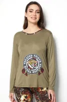 Çiçekli Uzun Kollu Kadın Pijama Üstü Doremi 002-001015 Haki