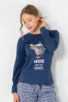 Geyik Desenli Uzun Kollu Kadın Pijama Üstü Doremi 002-001082 Lacivert detay görünüm