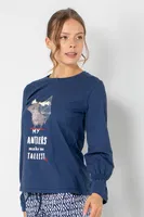 Geyik Desenli Uzun Kollu Kadın Pijama Üstü Doremi 002-001082 Lacivert görsel 4