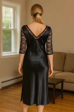 DOREMI Dantel Kollu Yırtmaçlı Saten Maksi Gecelik Doremi 002-001038 - Alternatif Görünüm