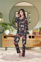 Düğmeli Çiçekli Gömlek Yaka Kadın Pijama Takımı İzabel 4001 Siyah