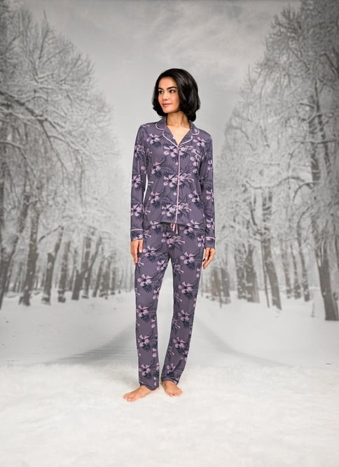 Çiçekli Gömlek Yaka Uzun Kollu Biyeli Kadın Pijama Takım Doreanse 26K4107