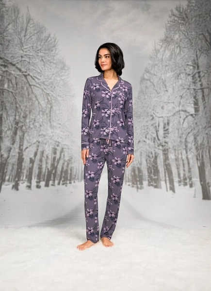 Çiçekli Gömlek Yaka Uzun Kollu Biyeli Kadın Pijama Takım Doreanse 26K4107